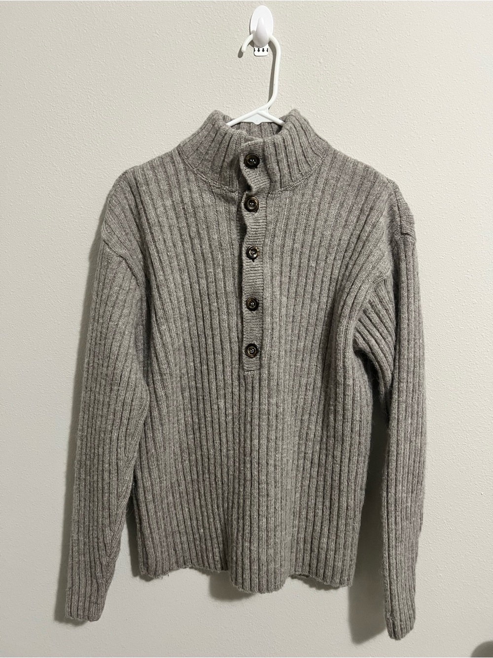 Vintage ALPS 100% Wool Ribbed Mock Neck Henley Sweater Men's L - Made in USA
